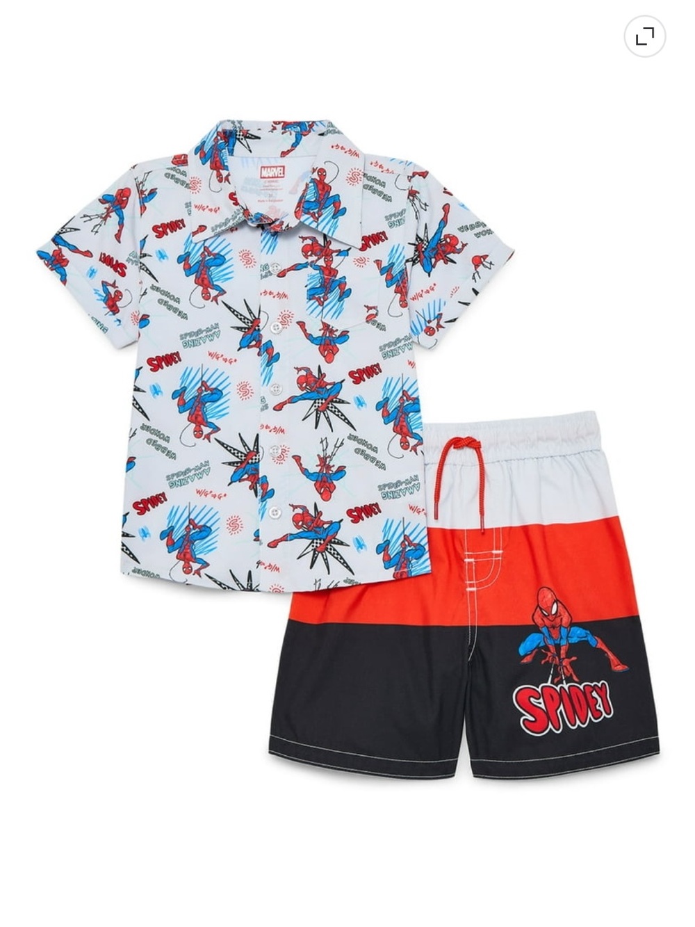 NWT boys spidey swimming trunks with matching resort button up size 2t